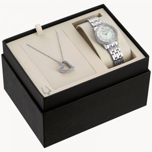 Ladies' Bulova Crystal Accent Watch with Mother-of Pearl Dial and Tilted Heart Pendant Box Set